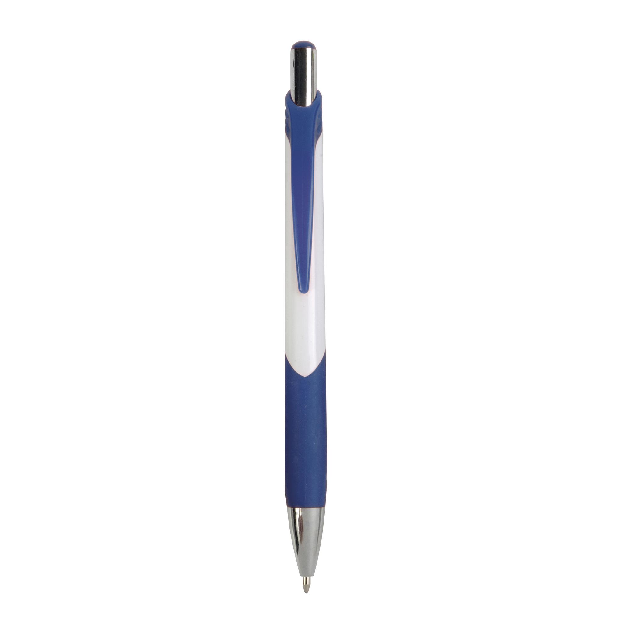 Penna a scatto in plastica con fusto bianco, impugatura gommata e colorata Penna a scatto in plastica con fusto bianco, impugatura gommata e colorata
